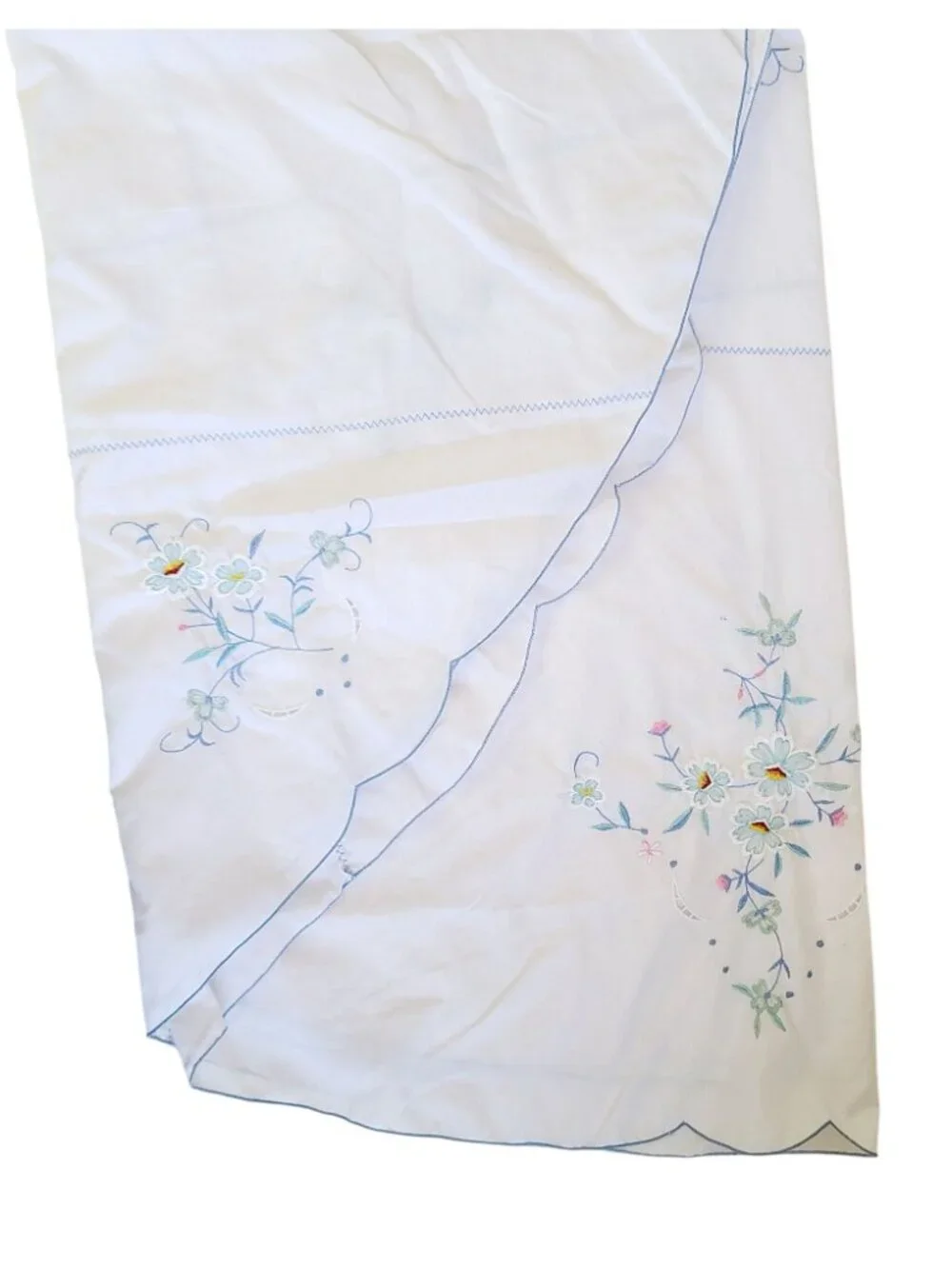 Vintage Linen Tablecloth Peacock Set With Embroidered Daisies Perma Press *READ*